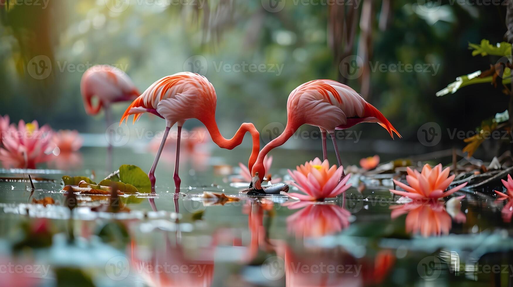 ai generiert Flamingo Vögel Jagd ein Fisch beim ein Teich ist ein fesselnd und dynamisch Szene foto