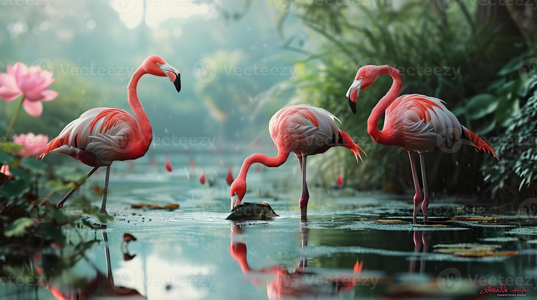 ai generiert Flamingo Vögel Jagd ein Fisch beim ein Teich ist ein fesselnd und dynamisch Szene foto