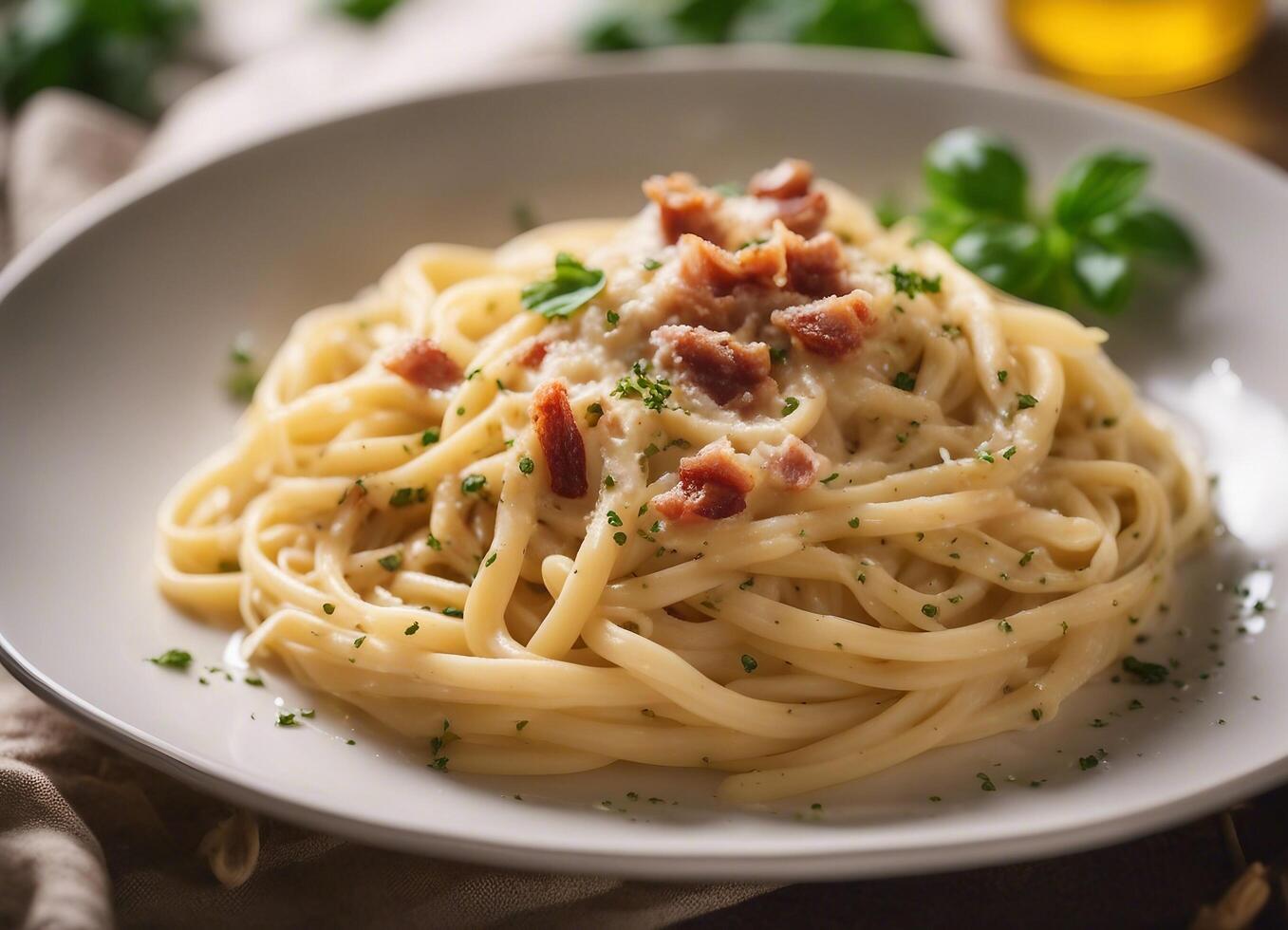 ai generiert Spaghetti Carbonara mit Speck und Parmesan auf ein Teller foto