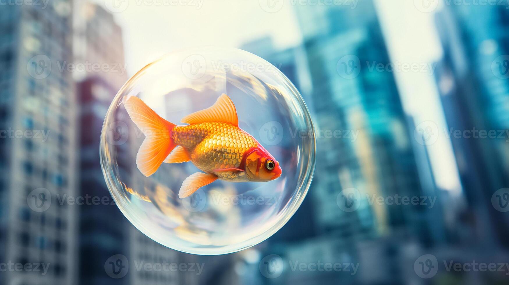ai generiert Goldfisch Blase fliehen, städtisch Traumlandschaft foto