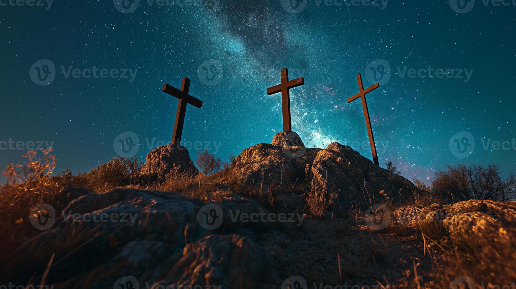 ai generiert sternenklar Nacht Kreuze Ostern Betrachtung foto