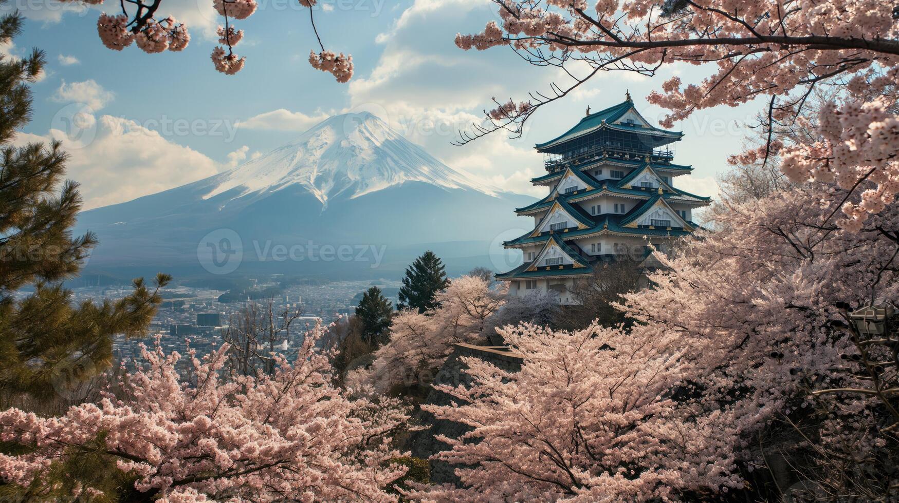 ai generiert Frühling Blüten und Fuji Pagode Aussicht foto