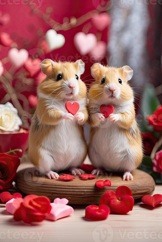 ai generiert ein süß liebend Paar von Hamster mit rot Valentinstag Herzen im ein romantisch Valentinstag Tag Dekor. romantisch Karte, Liebe. ai generiert foto