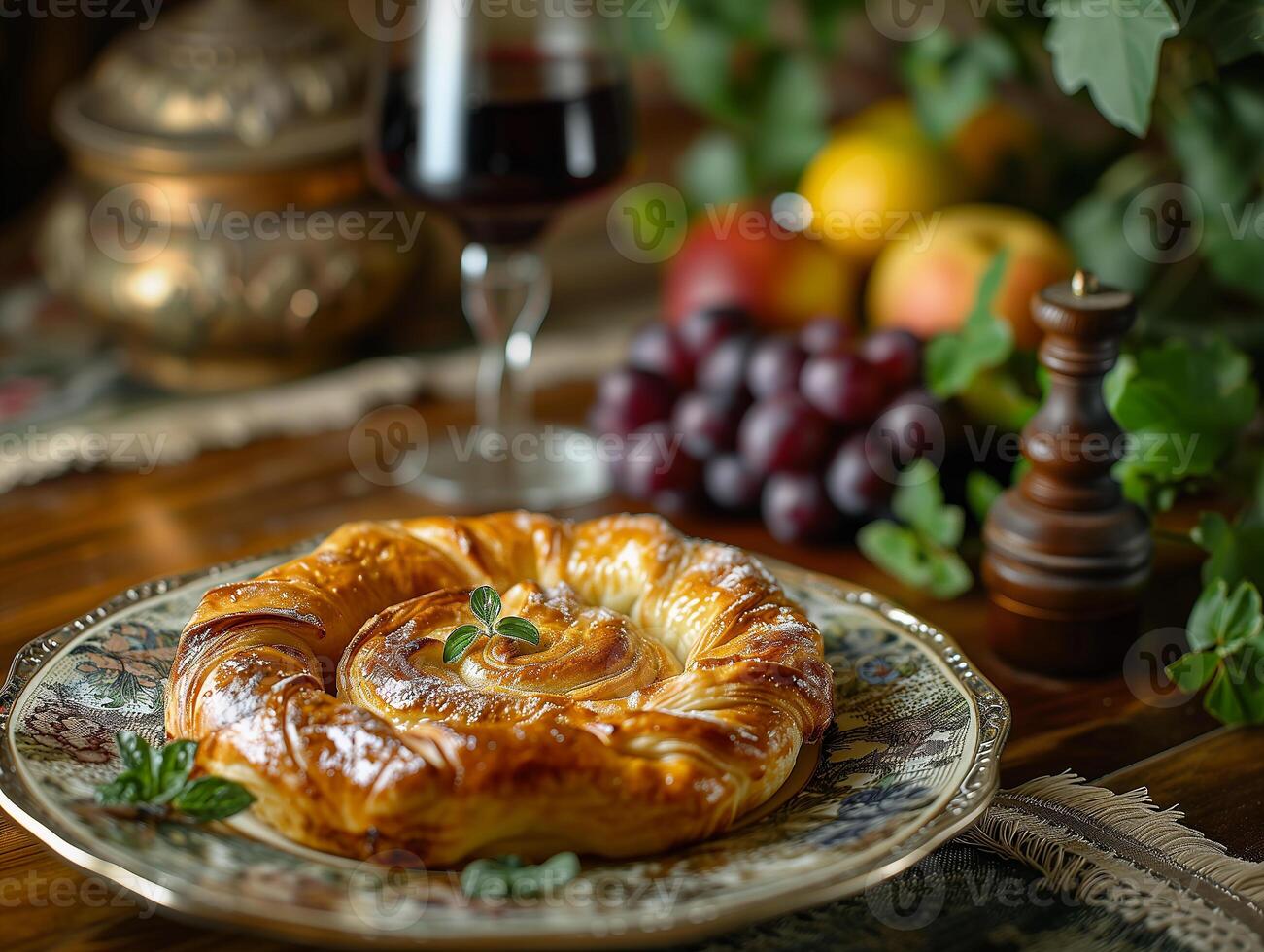 ai generiert orientalisch Gericht, orientalisch Küche. traditionell Türkisch Gebäck eingewickelt im Phyllo. Türkisch Name gul boregi oder gul Borek. Essen Illustration. fotorealistisch, Hintergrund mit Bokeh Wirkung. foto