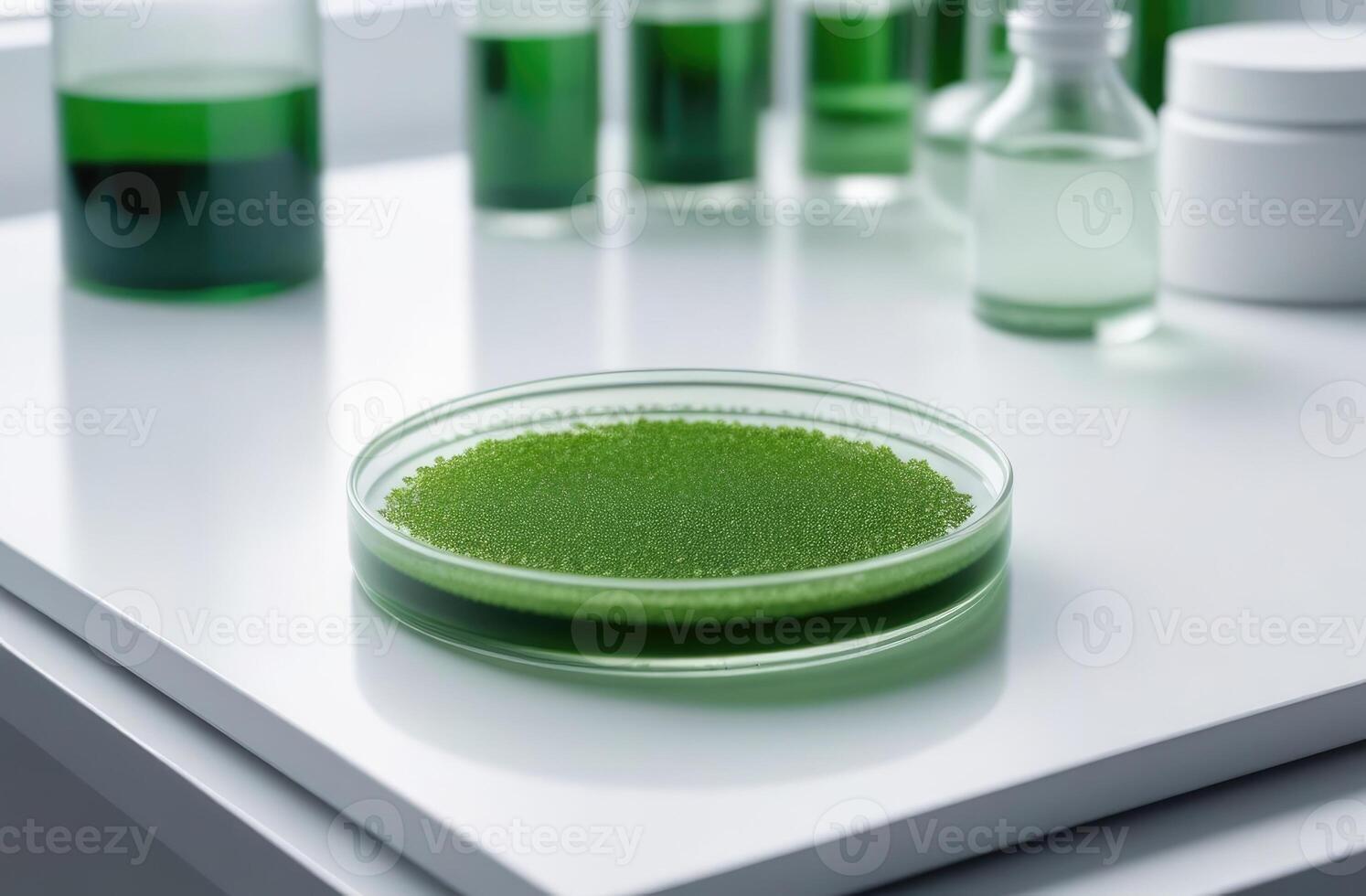 ai generiert Algen, Mikroalgen im Petri Geschirr Forschung im Labore. Biotechnologie, Wissenschaft. Makro. Biotreibstoff Forschung Prozess im Labor. generativ ai foto