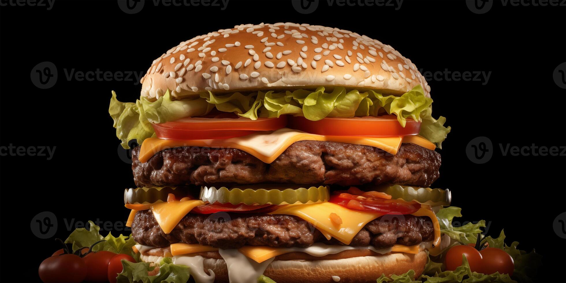 ai generiert köstlich groß Burger mit Rindfleisch Fleisch Pastetchen, Käse, und Grüns. ai generativ foto