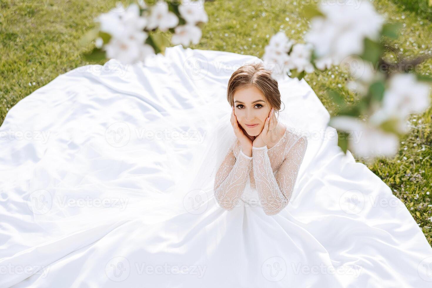 gegen das Hintergrund von ein Blühen Baum, ein rothaarig Braut Posen, Sitzung auf Grün Gras. großartig Kleid mit lange Ärmel, öffnen Büste. Frühling Hochzeit foto