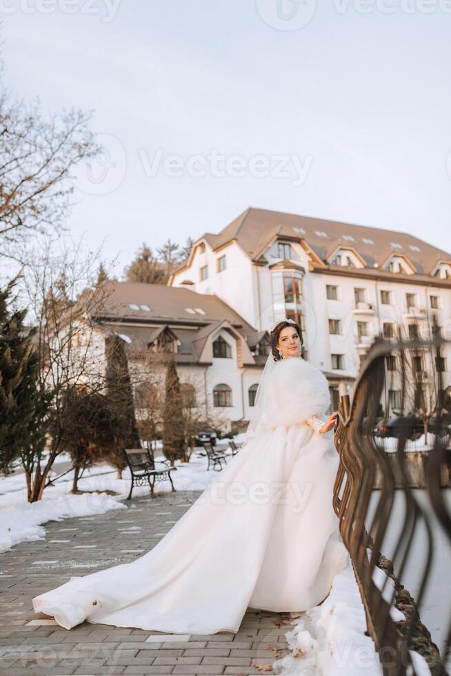 Porträt von ein schön Braut mit ein Hochzeit Strauß von Blumen, attraktiv Frau im ein Hochzeit Kleid mit ein lange Schleier. glücklich Braut Frau. Braut mit Hochzeit bilden und Frisur. Winter Hochzeit foto