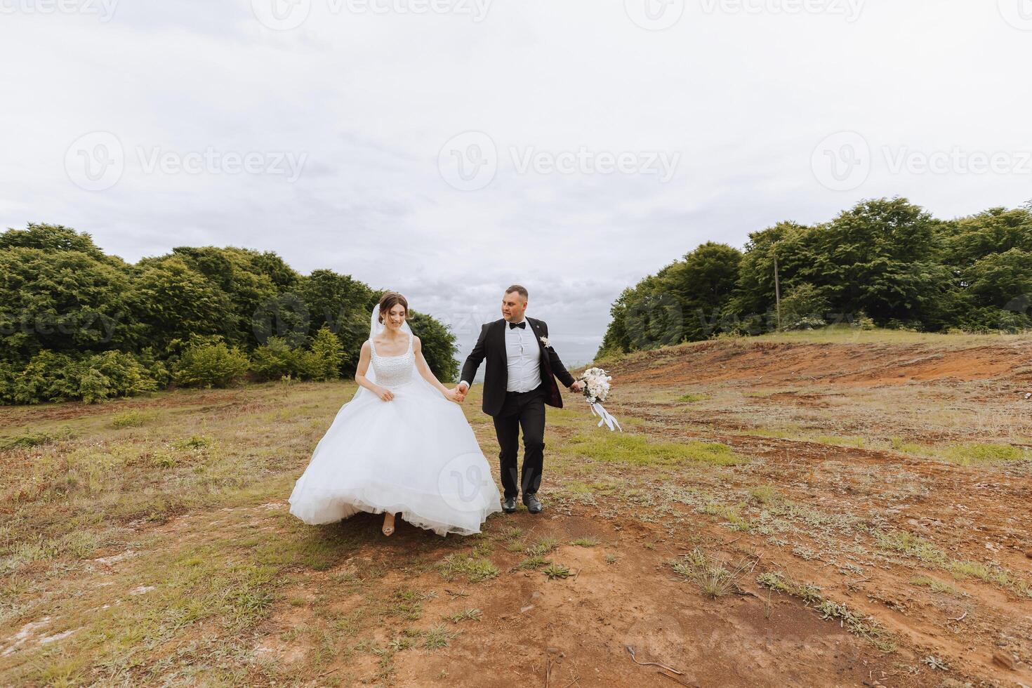 Porträt von ein jung Braut und Bräutigam Gehen auf Grün Gras gegen das Hintergrund von Berge nach das Hochzeit Zeremonie, Vorderseite Sicht. glücklich Hochzeit Paar, Kopieren Raum foto