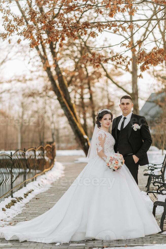 Winter Hochzeit. glücklich Paar Gehen im Hochzeit Kleider umarmen und lächelnd im ein Winter Park bedeckt mit Schnee auf ihr Hochzeit Tag. Winter Liebe Geschichte von ein schön Paar im schneebedeckt Winter Wetter foto