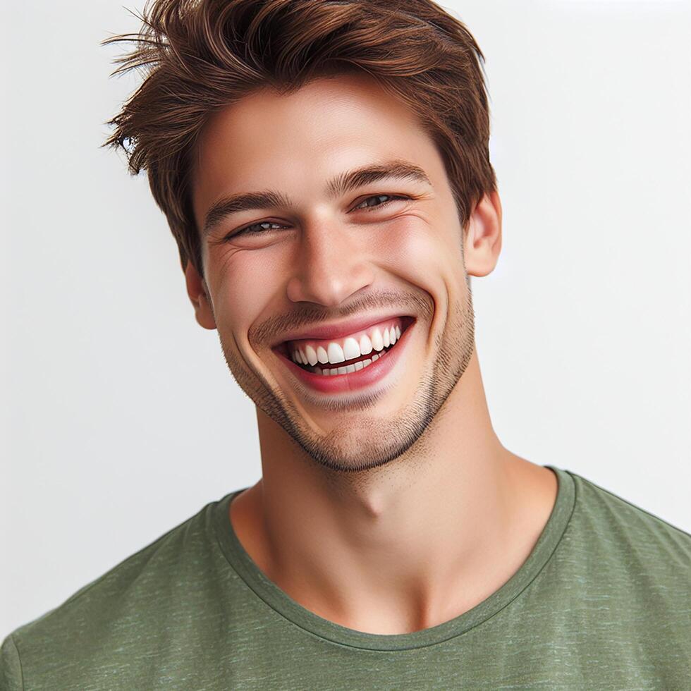ai generiert einwandfrei lächelnd jung Weiß amerikanisch Mann im ein Studio Foto, Ideal zum Anzeigen und Netz Design foto