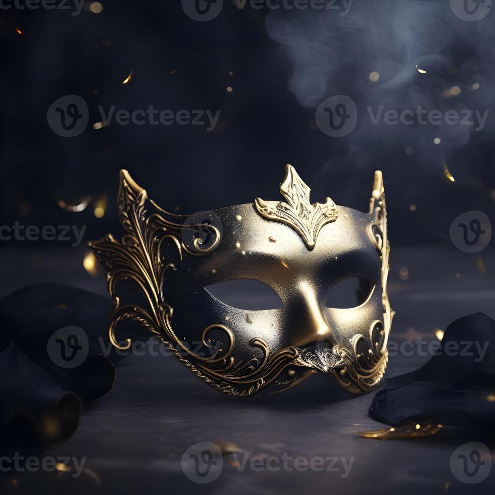 ai generiert elegant golden Karneval Maske auf dunkel Blau Hintergrund mit Bokeh. foto