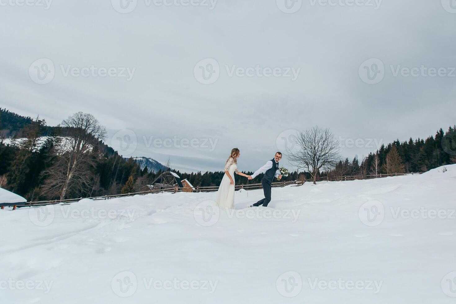 das Braut und Bräutigam gehen Hand im Hand gegen das Hintergrund von ein Winter Wald im das Berge. Schnee. Paar Gehen zu das Berg, Seite Sicht. Winter Hochzeit. foto