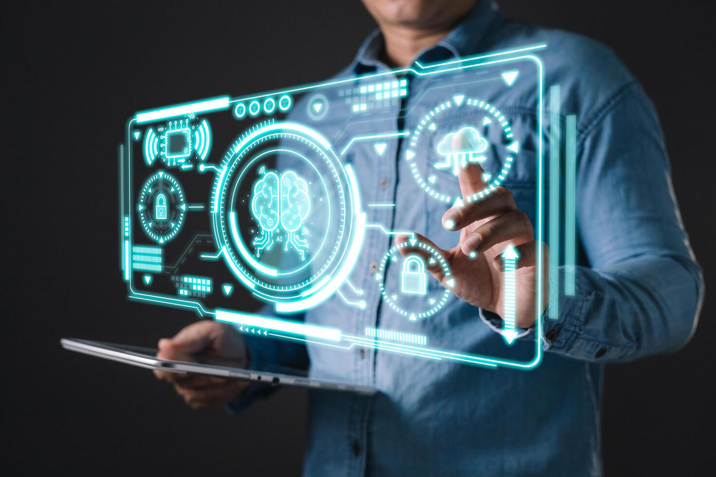 Geschäftsmann berühren Wolke Computing Diagramm Show auf hand.data Lagerung.die verwenden von online Digital Netzwerk Technologie im Geschäft, Kauf und Verkauf Handel online Digital Marktplatz foto