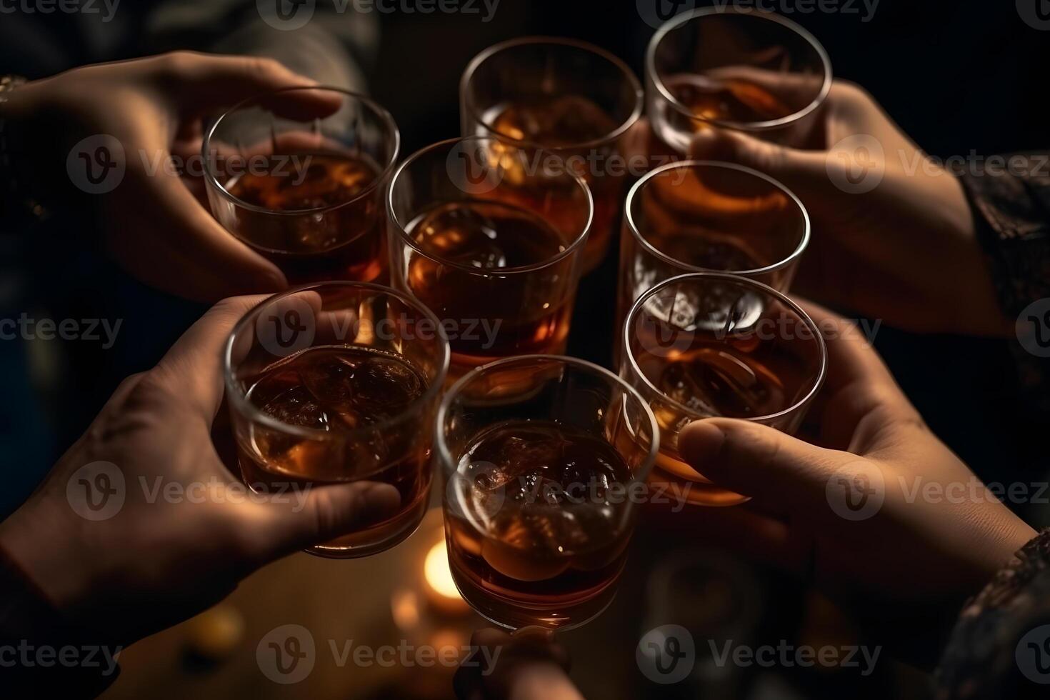 ai generiert Gruppe von freunde genießen Alkohol Getränke. jung Menschen Hände Jubel beim Bar Restaurant. neural Netzwerk ai generiert foto