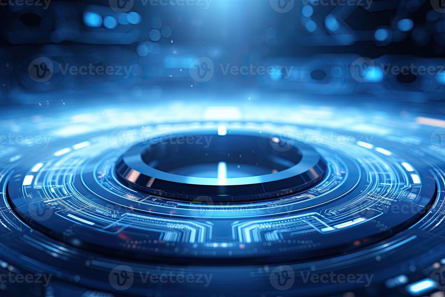 ai generiert futuristisch Blau Neon- Licht Kreis auf Digital Technologie Hintergrund foto