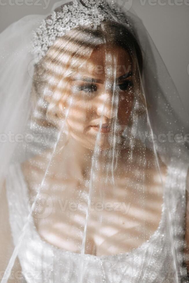 Hochzeit schwarz und Weiß Porträt. das Braut im ein elegant Kleid, ein lange Schleier, hält ein Strauß und Spaziergänge im das Winter Garten während ein gehen. foto