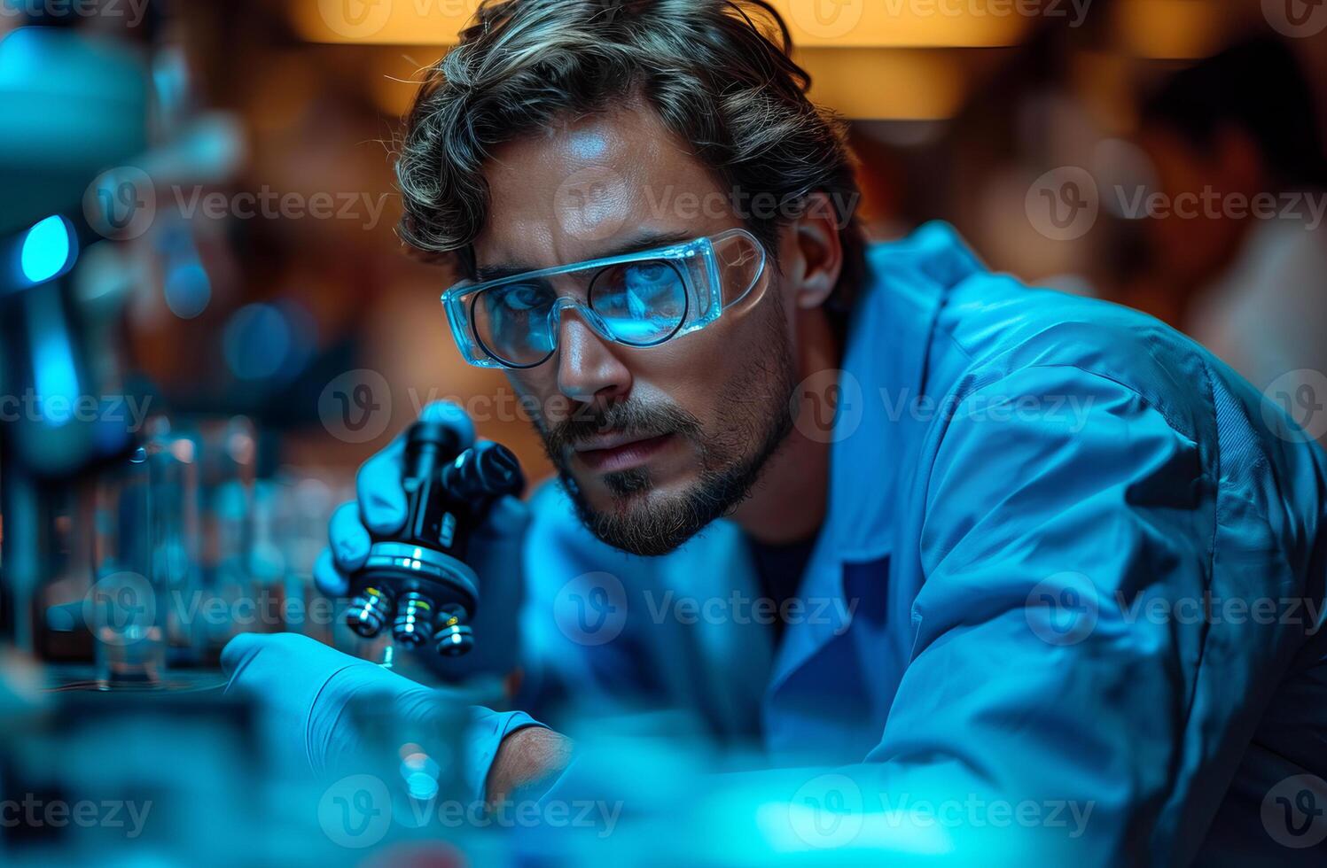 ai generiert ein Bild von ein Wissenschaftler Arbeiten. ein Mann im ein Labor Mantel und Brille vorsichtig untersucht ein Rohr im ein Labor. foto