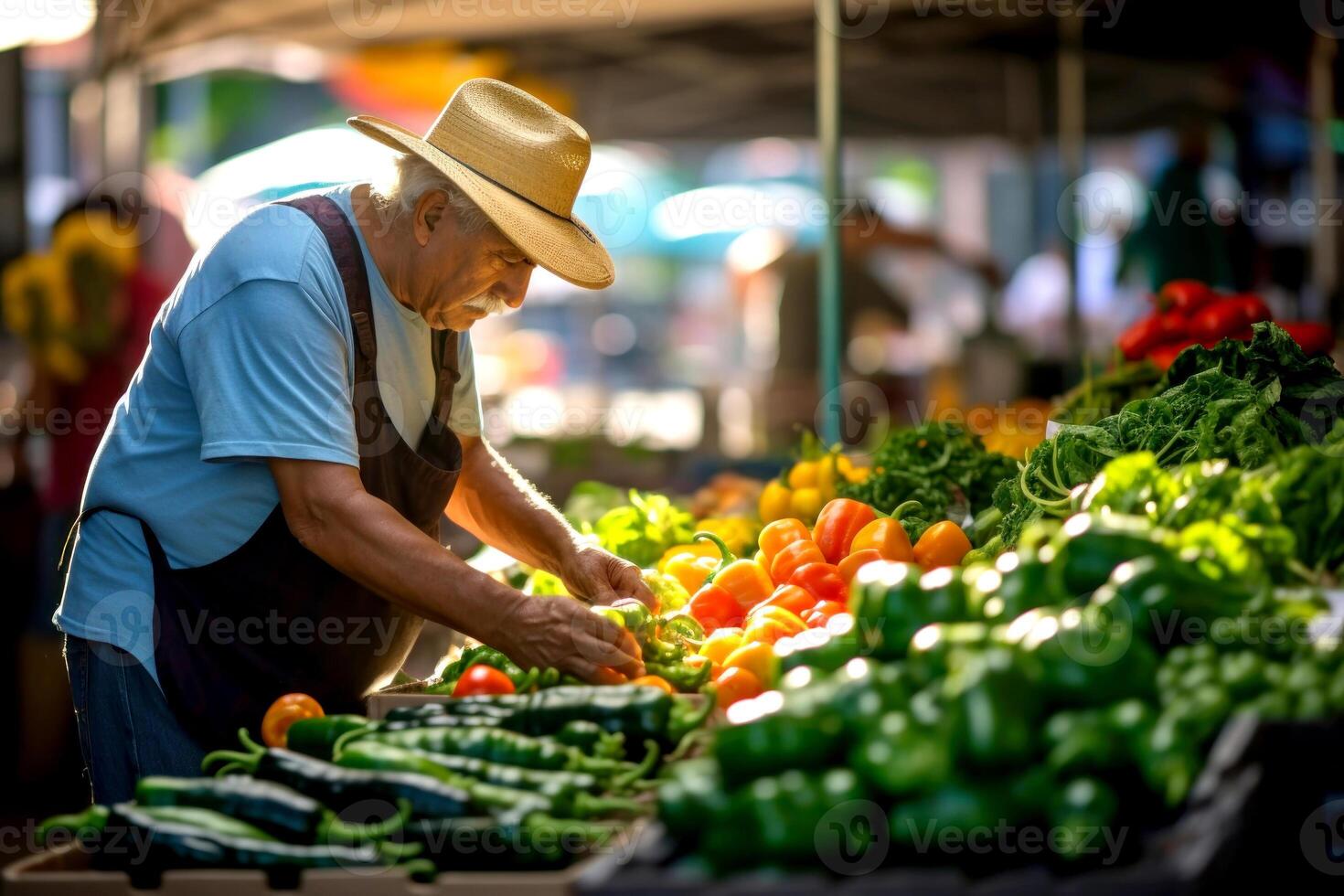 ai generiert Senior Mann Sortierung Gemüse beim Markt Stall foto