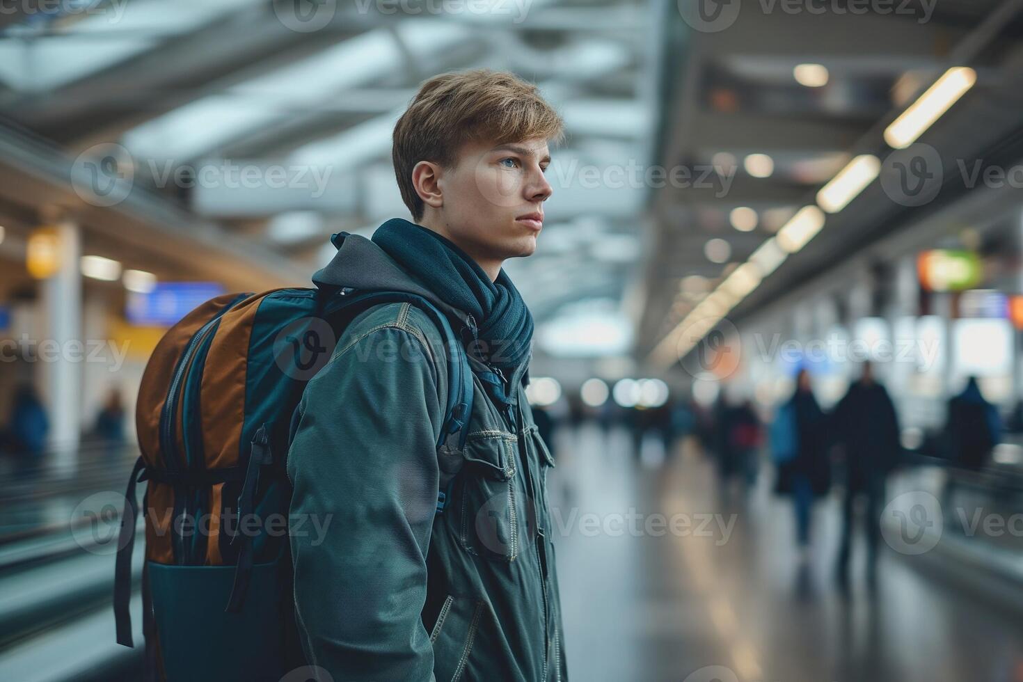 ai generiert jung Mann beim das Flughafen foto