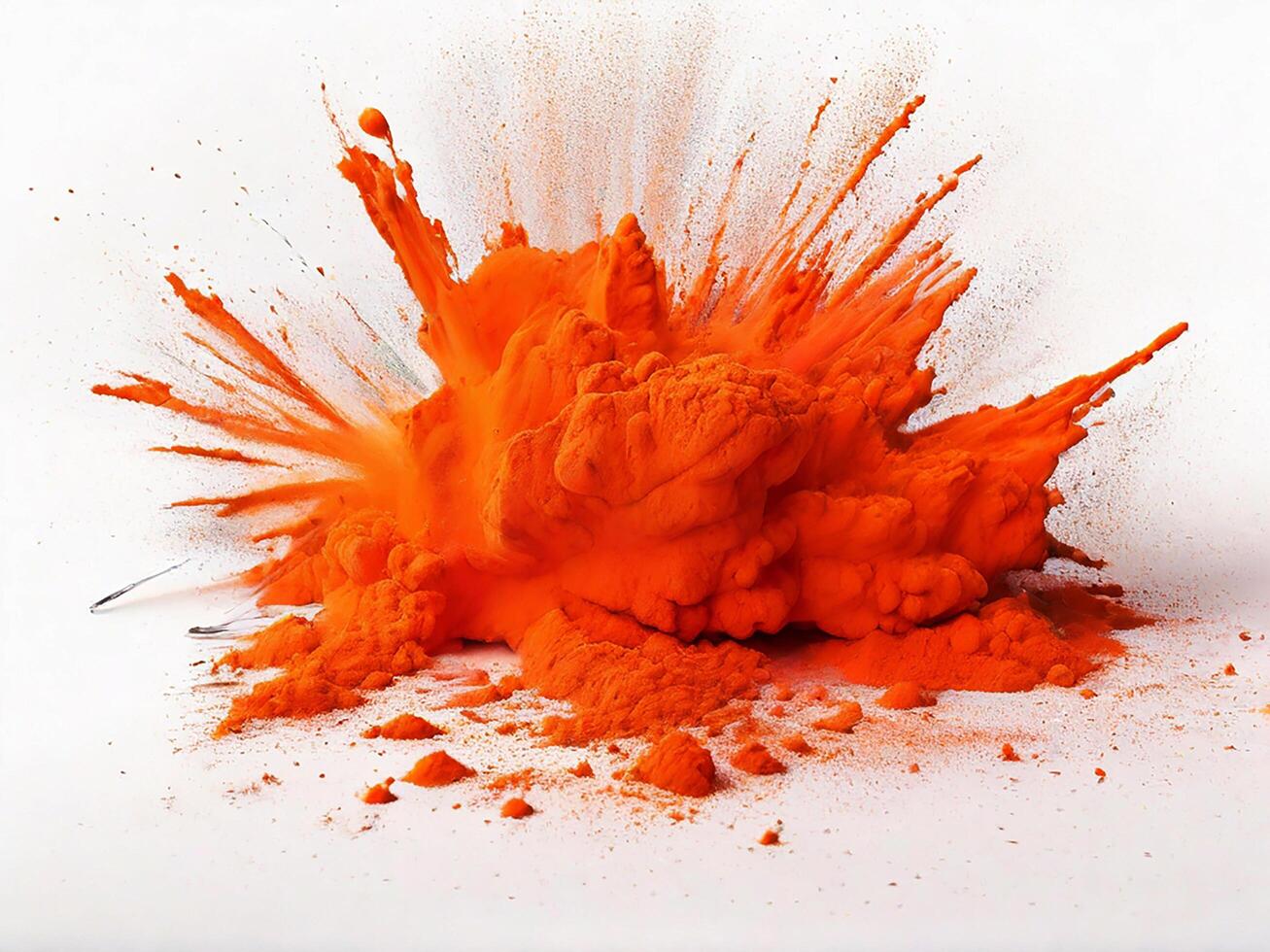 ai generiert hell Orange holi Farbe Farbe Pulver Festival Explosion platzen isoliert Weiß Hintergrund. industriell drucken Konzept Hintergrund foto