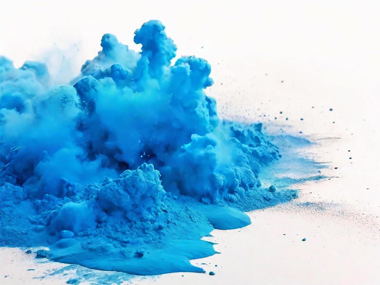 ai generiert hell cyan Blau holi Farbe Farbe Pulver Festival Explosion platzen isoliert Weiß Hintergrund. industriell drucken Konzept Hintergrund foto