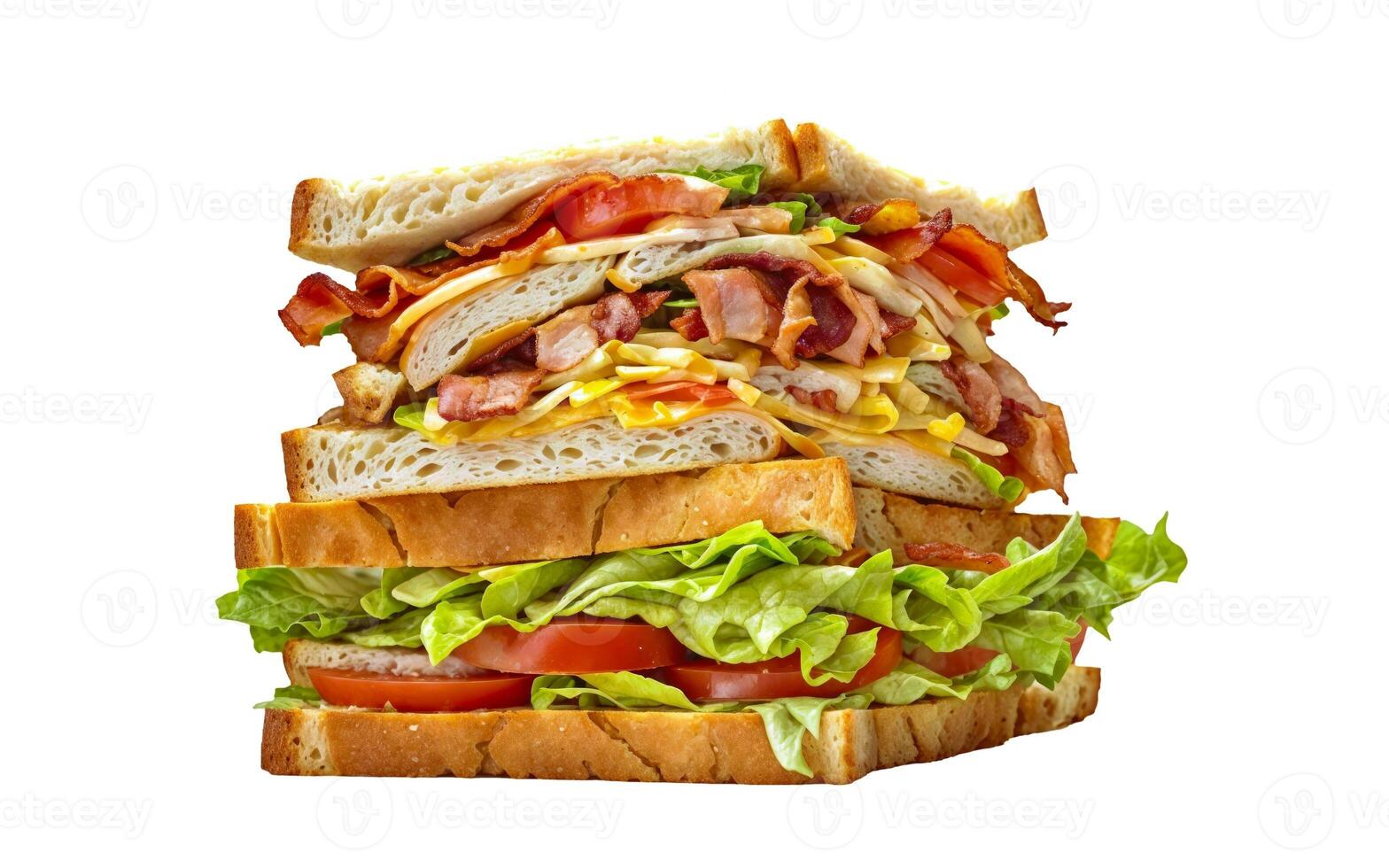 ai generiert außergewöhnlich hoch Verein Sandwich, mit ein Zutaten geschichtet zwischen Scheiben von Weiß Brot. diese beinhaltet Speck, Kopfsalat, Tomate, Käse, und Ei. isoliert auf transparent Hintergrund. foto