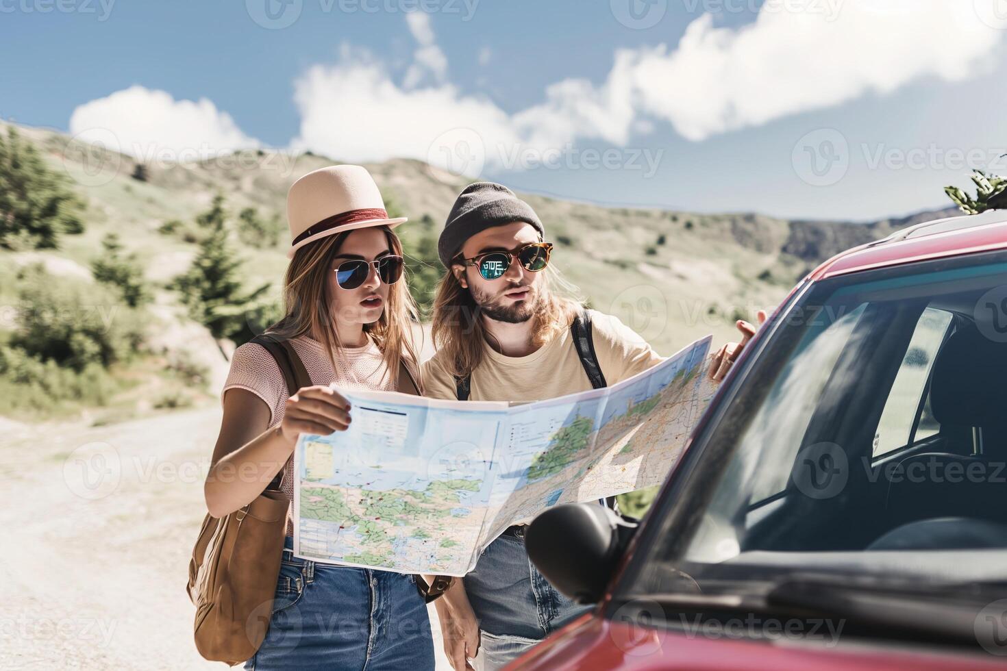 ai generiert Reisender Mann und Frau oder ein Paar Liebhaber suchen beim ein Karte während Stehen neben das Auto oder gehen auf ein Wochenende Reise. Reise Ausflug Reise Konzept. foto