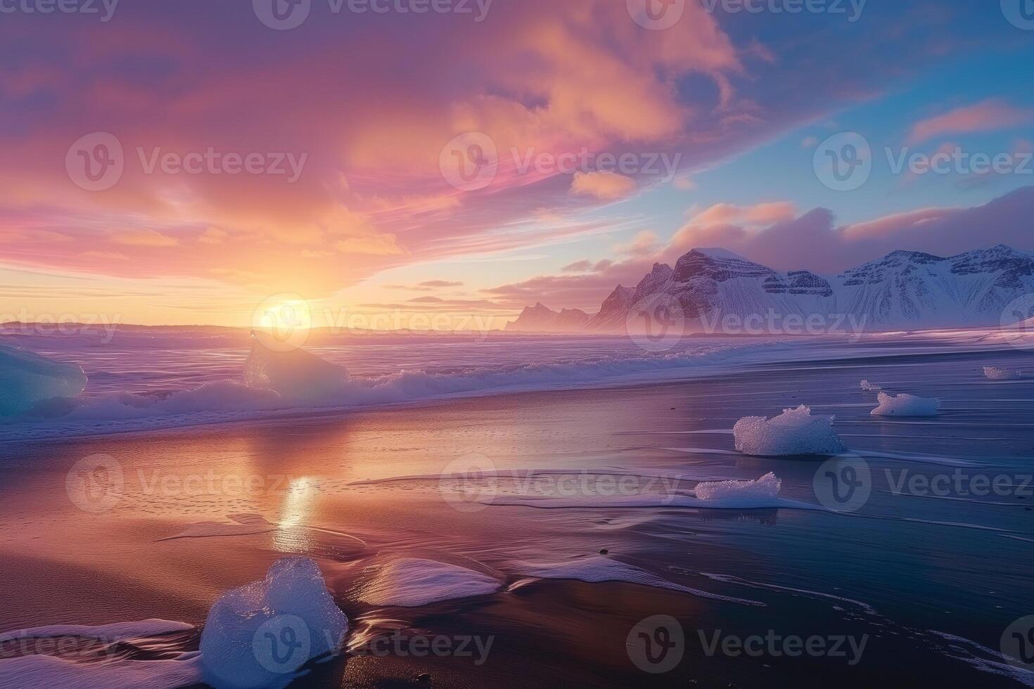 ai generiert Eisberge auf Islands schwarz Sand Strand unter ein bunt Sonnenaufgang, mit schneebedeckt Berge Hintergrund. foto