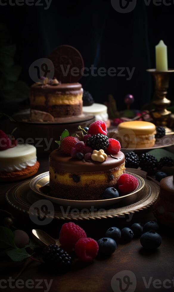 ai generiert ein tolle Foto von Kuchen immer noch Leben Kinolicht. ein Tabelle gekrönt mit Kuchen bedeckt im Glasur und Obst