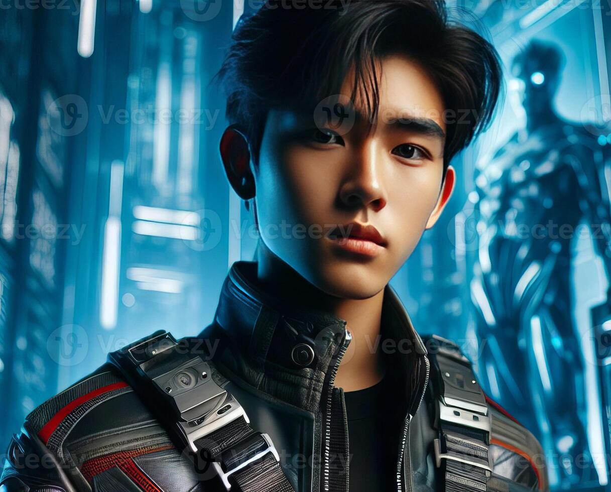 Konzept Bild von das asiatisch Teenager Junge tragen futuristisch Astronaut Outfit. sci fi foto