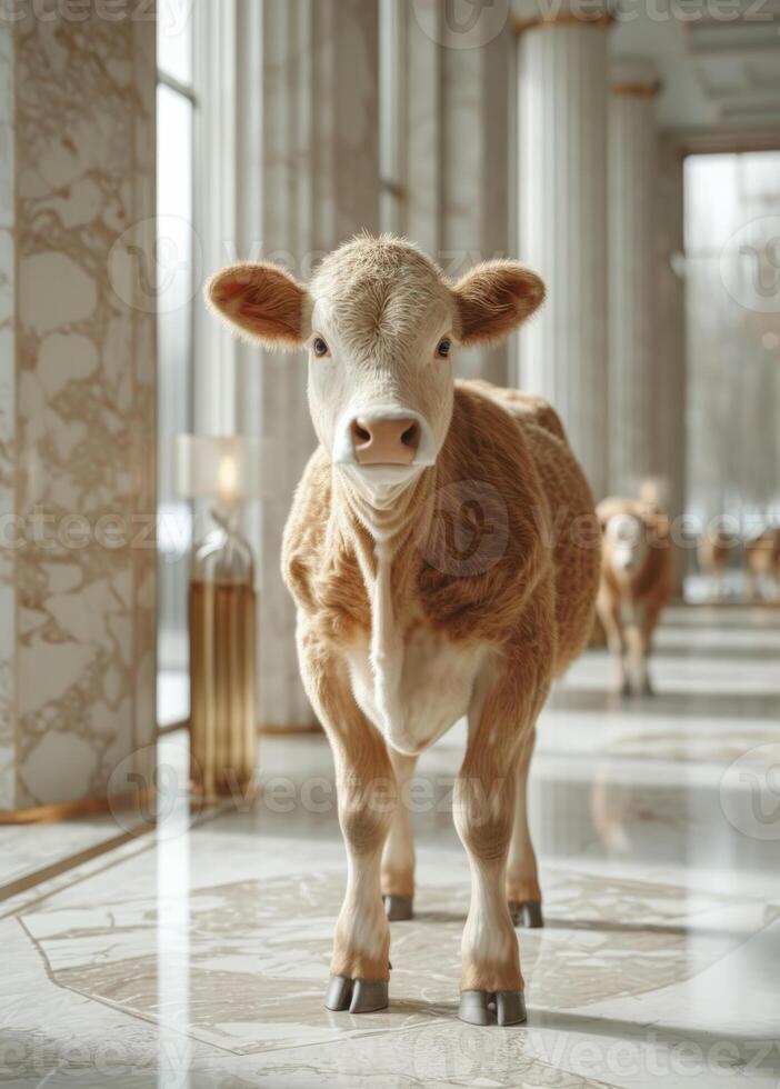 ai generiert Kalb steht im Halle von Luxus Hotel. ein braun Kuh Stehen auf ein sauber Fußboden foto