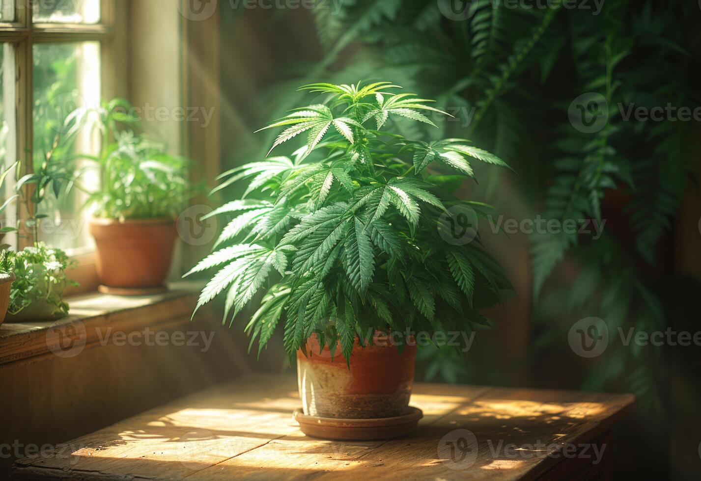 ai generiert Cannabis Pflanze auf hölzern Tisch. ein ästhetisch erfreulich eingetopft Pflanze sitzt oben auf ein hölzern Tisch, bringen ein berühren von Natur und Schönheit zu irgendein Raum. foto