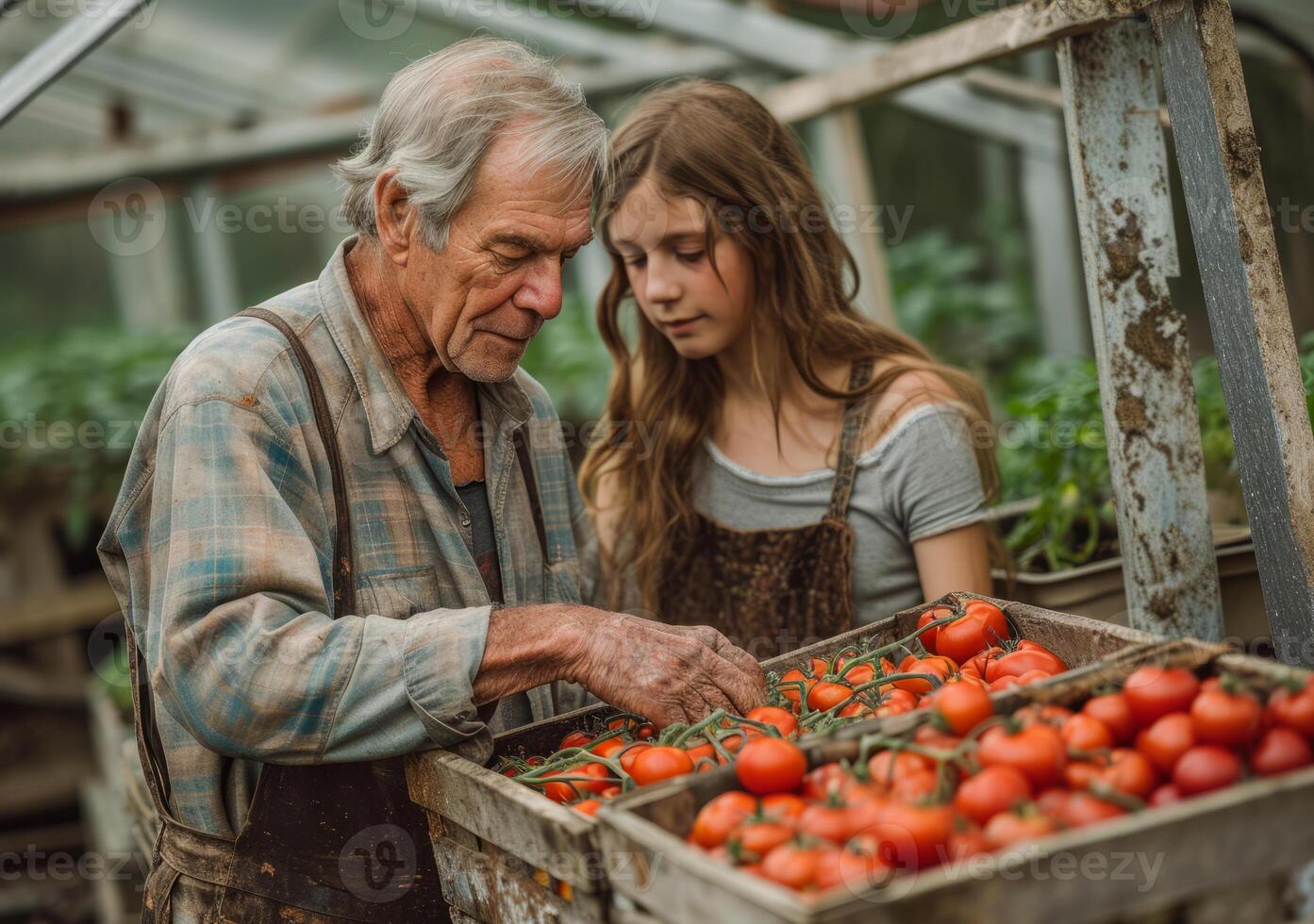 ai generiert Alten Mann und jung Mädchen beobachten Tomaten zusammen foto