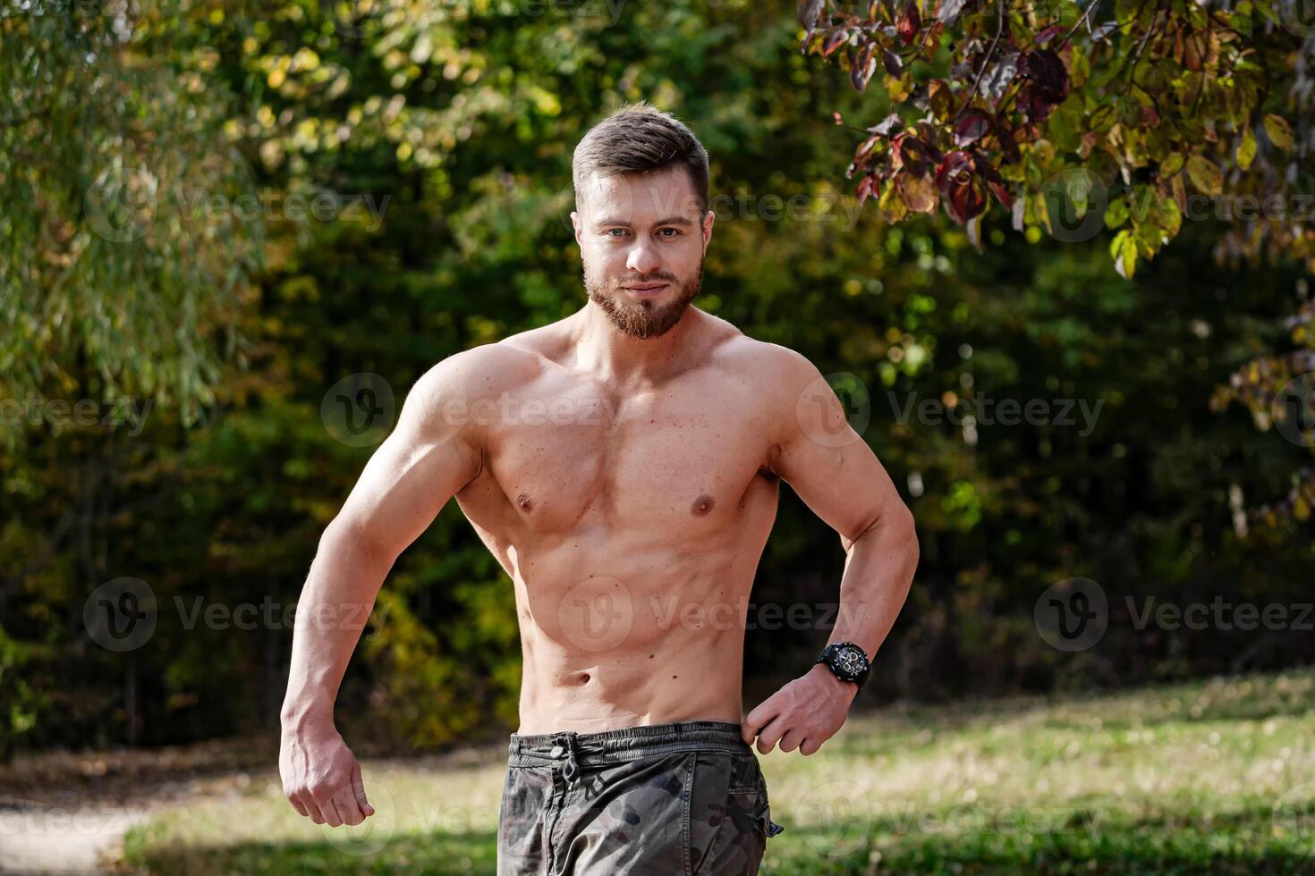 ein männlich Zahl Umarmen Natur. ein mit nacktem Oberkörper Mann mit Nein Hemd Stehen im das Gras foto