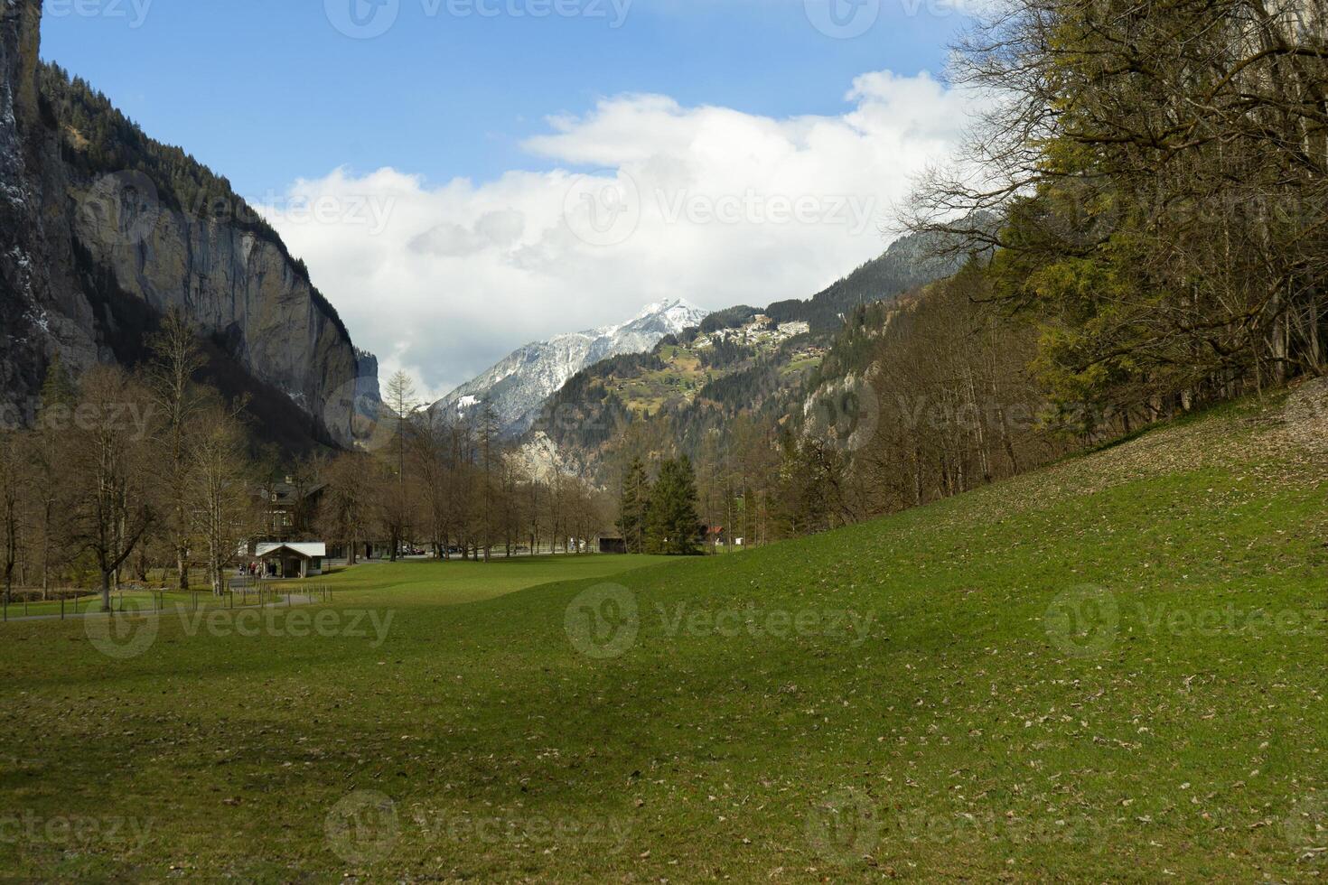 ein Feld mit ein Bank im das Mitte von es foto