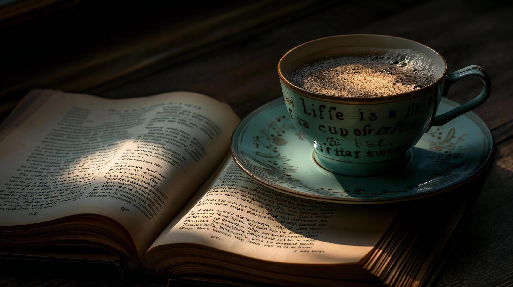 ai generiert inspirierend Zitat auf Teetasse mit Sonnenlicht auf ein öffnen Buch foto