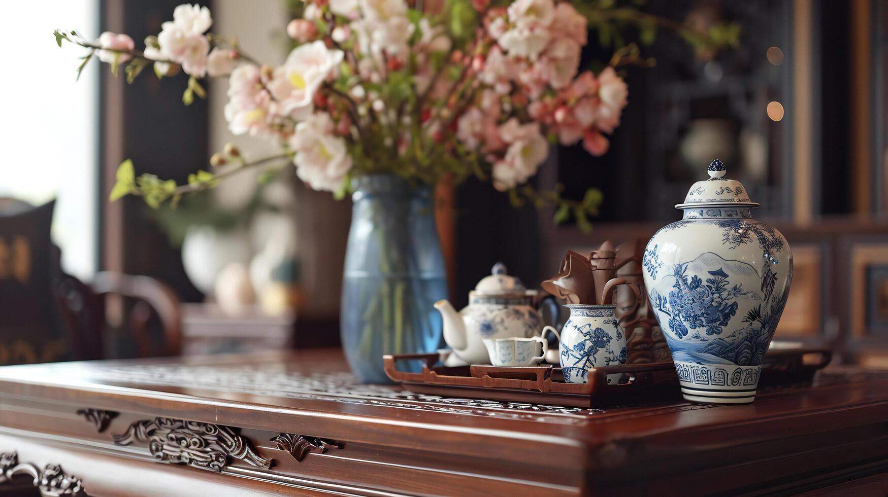 ai generiert Jahrgang Tee einstellen mit Blühen Blumen auf Tabelle foto