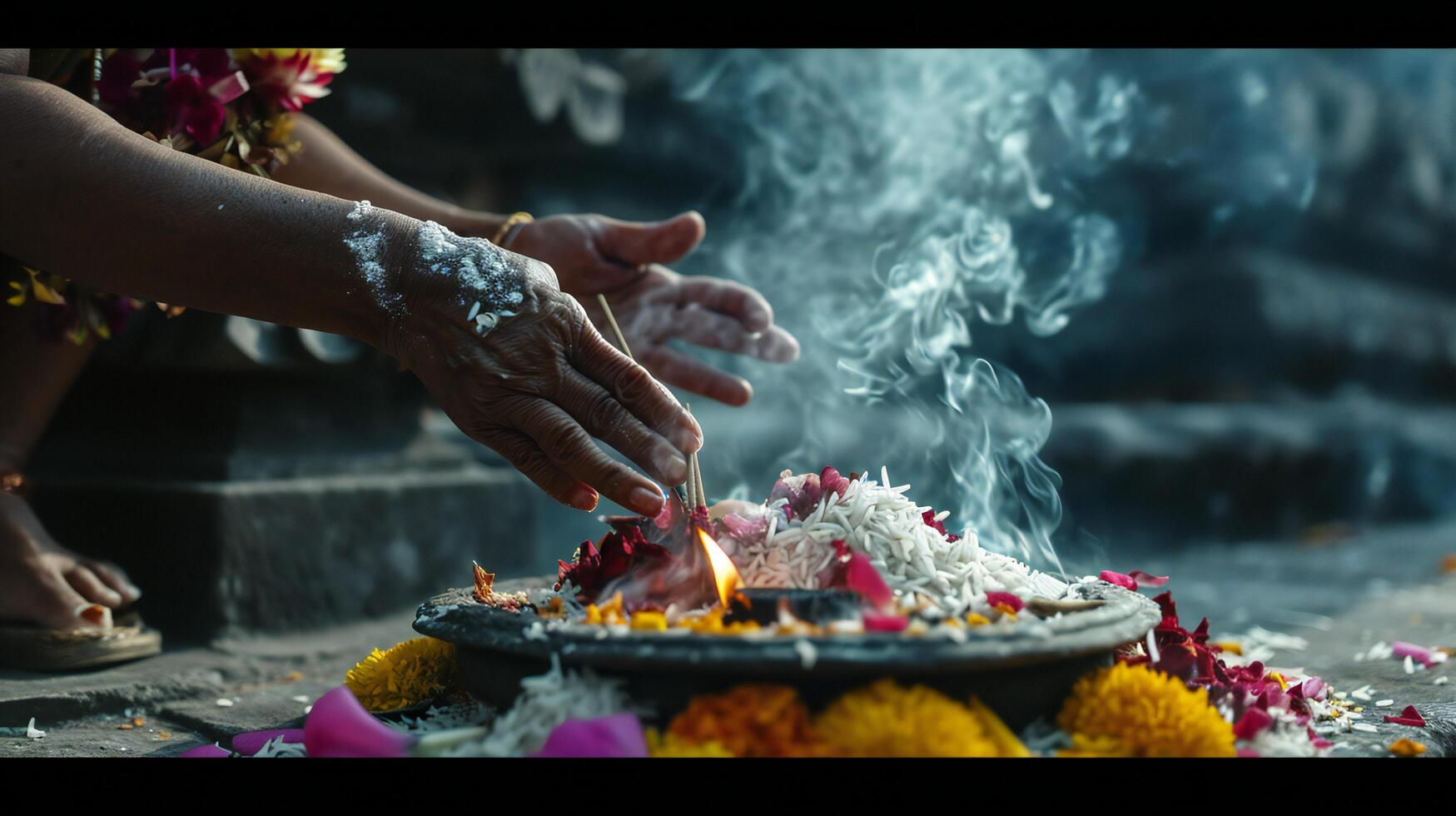 ai generiert spirituell Ritual mit Hände Angebot Blumen und Feuer Rauch foto