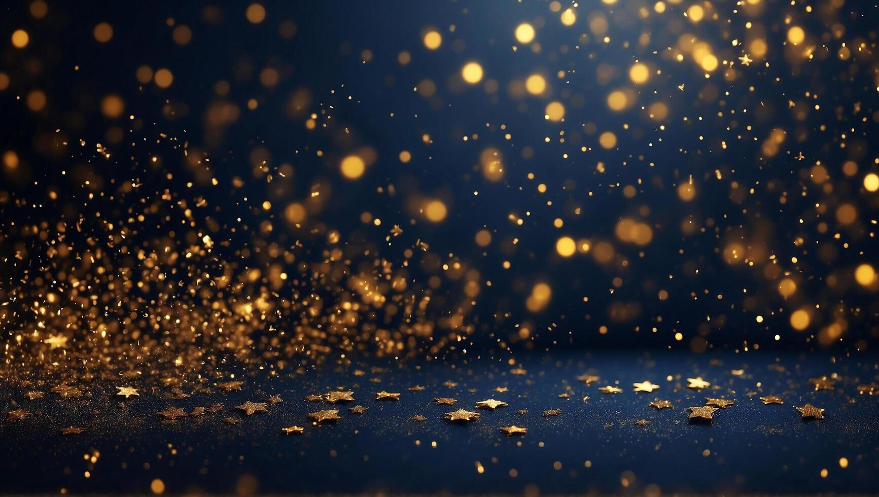 ai generiert abstrakt Partikel Hintergrund mit golden funkelnd und glühend Gold Sterne. Weihnachten glühen auf Bokeh Hintergrund. Gold vereiteln Textur Hintergrund. foto