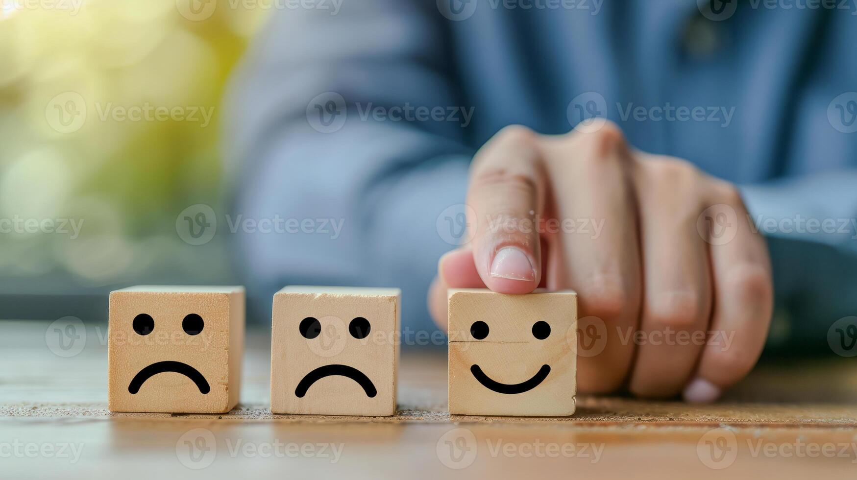 ai generiert Hand umdrehen Würfel mit Gesichter ausdrücken Emotionen, Konzept zum Veränderung von Negativ zu positiv Denken. foto