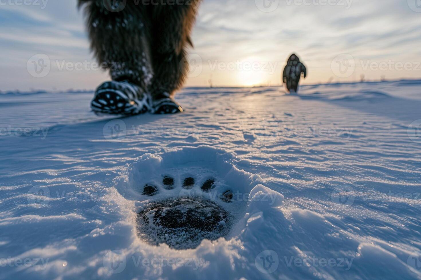 ai generiert Bigfoot Füße Fußabdruck auf das Schnee foto