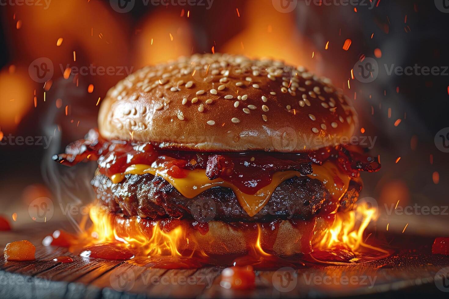 ai generiert dämonisch Cheesburger Hölle im Flamme Hintergrund foto