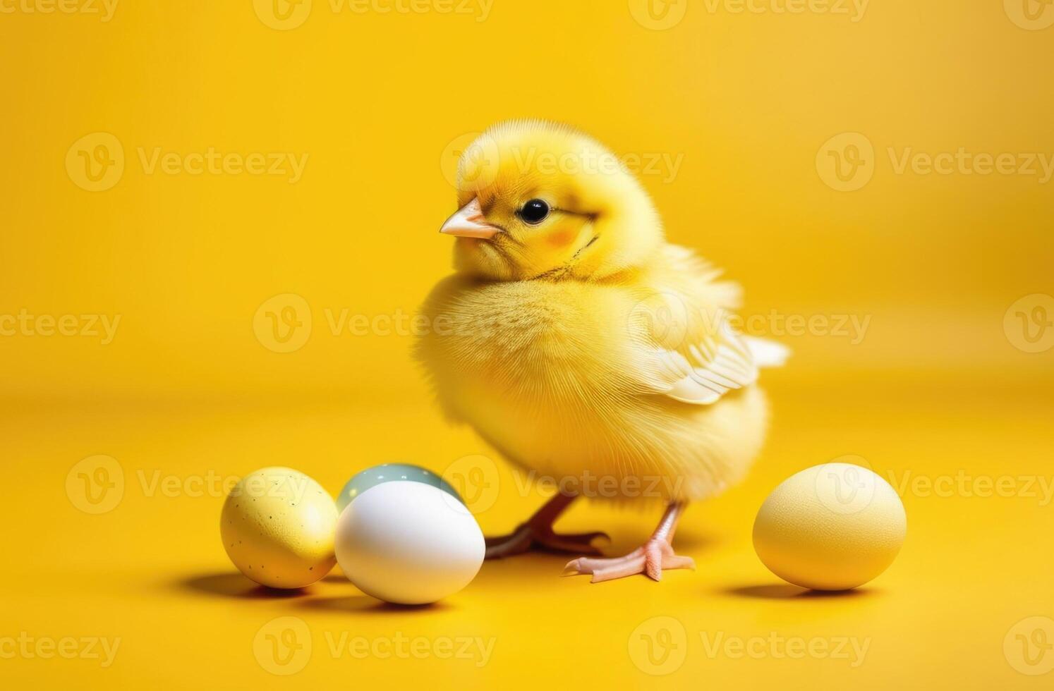 ai generiert Welt Vogel Tag, Ostern, komisch Gelb Küken, wenig Ostern Huhn, Geflügel, bunt farbig Eier, Gelb Hintergrund foto