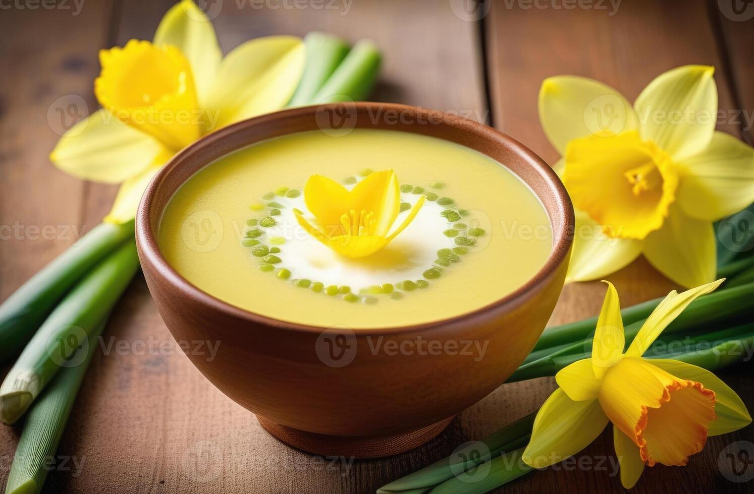 ai generiert st. Davids Tag, National Walisisch Küche, traditionell Zwiebel Suppe krächzen Cennin, Lauch und Gelb Narzisse, Frühling Blumen, köstlich Foto