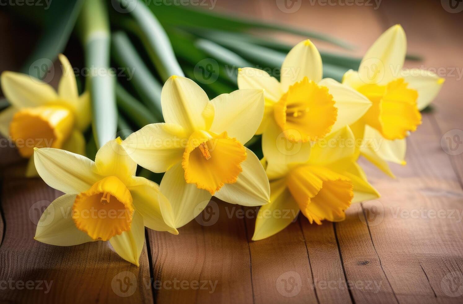 ai generiert International Damen Tag, Mütter Tag, st. Davids Tag, Strauß von Gelb Narzissen, Frühling Blumen, hölzern Hintergrund foto