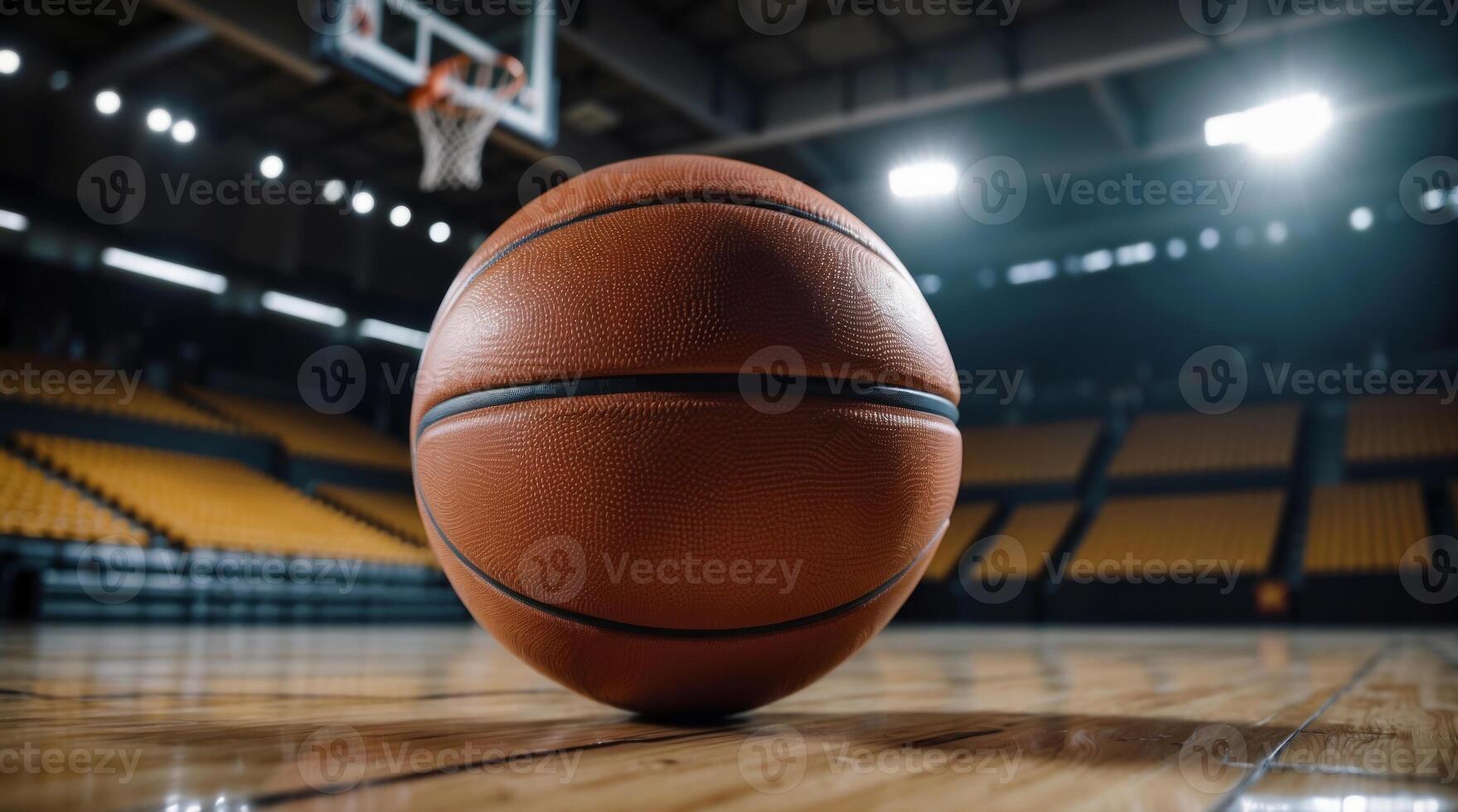 ai generiert ein Basketball ist platziert auf das Gericht im Vorderseite von ein Basketball Band. das Hintergrund ist ein verschwommen aus Arena mit Sitze. das Beleuchtung ist konzentriert auf das Ball. foto