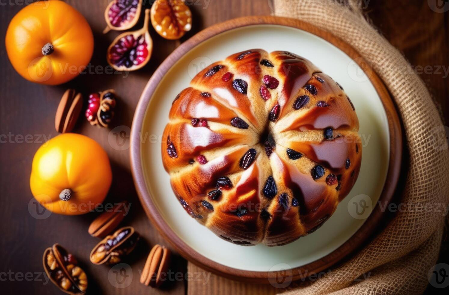 ai generiert st. Davids Tag, National Walisisch Küche, runden traditionell bara brith, schön Portion, Gewürze und getrocknet Früchte, lecker Foto, oben Aussicht foto