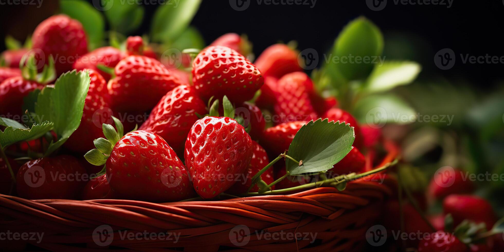 ai generiert frisch roh Vegetarier rot Grün Beere Erdbeere im Korb. Markt Pflanze Farmer Ernte foto