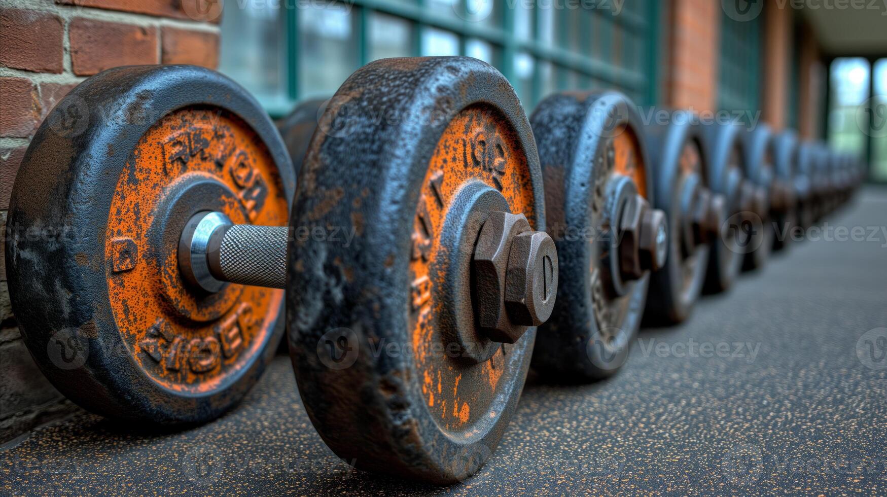 ai generiert Reihe von rostig Hanteln auf Fitnessstudio Fußboden - - Fitness Ausrüstung Nahansicht foto